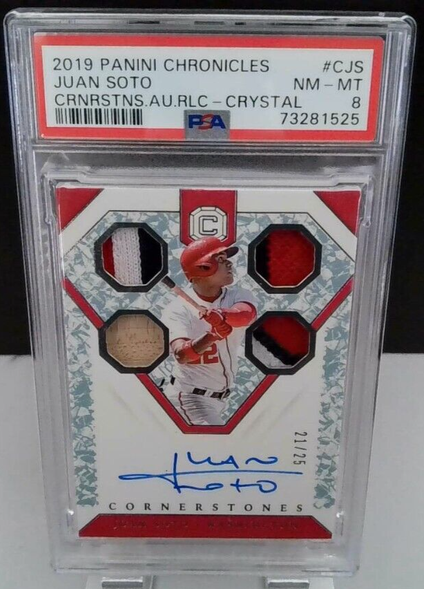 G734 2019 CHRONICLES CORNERSTONE JUAN SOTO AUTO RELIC #CJS PSA 8 CRYSTAL 21/25 
