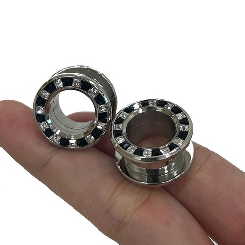 Surgical Steel Pressed Rimmed Black Clear CZ Screw Tunnel Ear Plugs Sold as Pair - Picture 24 of 26