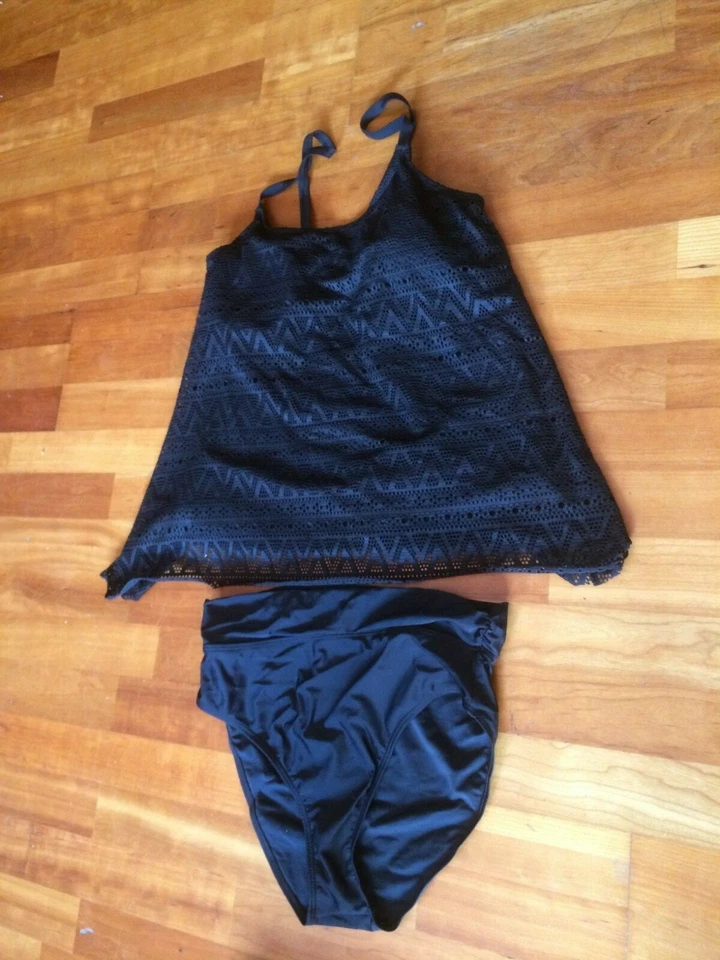 Badekostüm Top + Hose Shirt Spitze Badeanzug Schwarz Zweiteiler - Bild 2 von 4