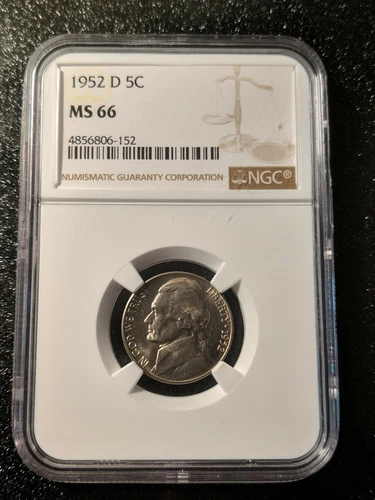 1952-D JEFFERSON NICKEL 5c GEM UNCIRCULATED NGC MS-66