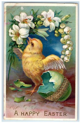 c1910's Easter Chick Hatched Egg Flowers Gel Golf Gilt Posted Antique Postcard