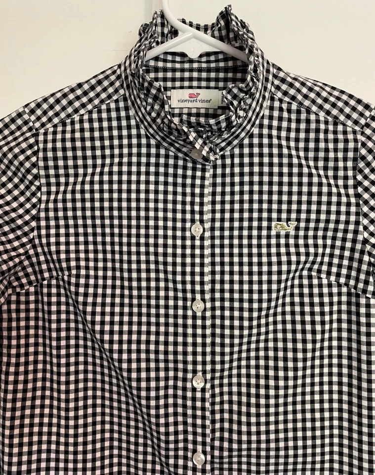 VINEYARD VINES Niñas TOP Manga Larga NEGRO Blanco CUADROS Volantes Cuello Talla 8 Foto 2 de 4