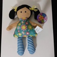 Cute Plush Girl Doll with Pigtails – Soft Flower Dress Rag Doll Toy, Striped Leg