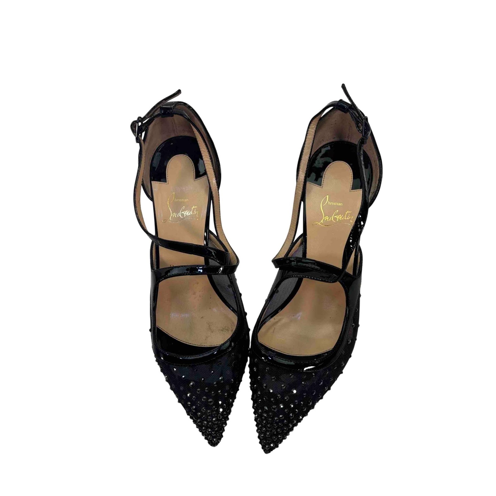 Christian Louboutin Twistissima Strass 85 Black Patent Mesh Strap Heel Pump  7.5