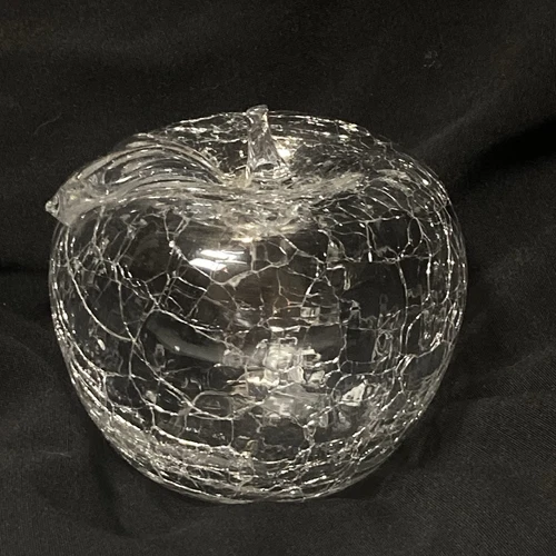 Hand Blown VTG Art Glass Fruit CLEAR CRACKLE APPLE Leaf & Stem Blenko or Similar