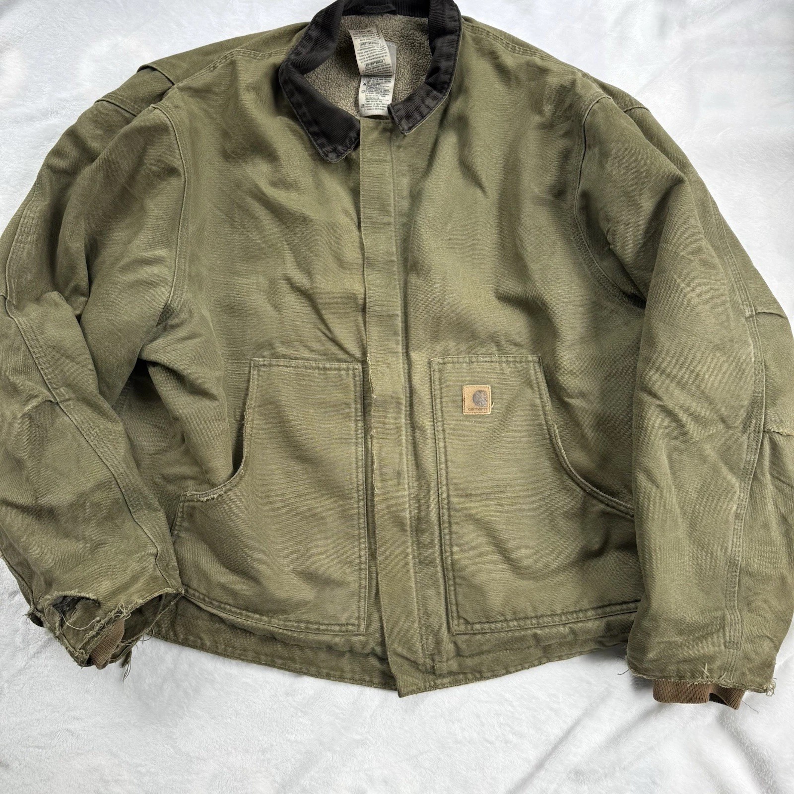 Vintage Carhartt J164 Sherpa-Lined Canvas Chore Jacket Men's 2XL Green