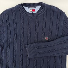 Tommy Hilfiger Men's Navy Blue Cable Knit Cotton Crew Neck Sweater Large Vintage