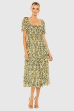 New MAC DUGGAL 8232 Multicolor Short Sleeve Micro Ruffle Tea Length Dress Size 8