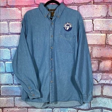 Harriton Denim Button-Up Shirt L Light Wash Embroidered Maya Lin School Husky