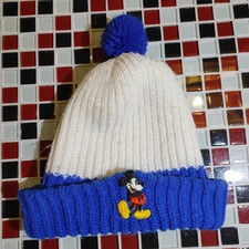 Vtg USA Mickey Mouse PATCH Beanie Hat Cap Knit Winter Blue White Pom Pom.