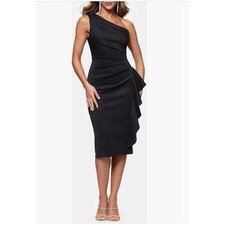 Xscape Black Gathered Ruffle One-Shoulder Cocktail Dress Size 16P $208