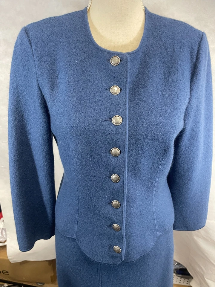 Geiger Austria Lana Azul Marino 2 piezas Traje Botón Chaqueta Midi Falda S 2/4 34 Foto 2 de 4