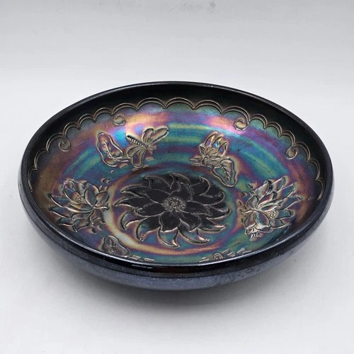Vintage Carnival Glass Bowl Floral Butterfly Design Iridescent Amethyst #8137