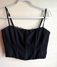 White Fox Black Satin Corset Top Bustier M Lace Trim Zip Back Adjustable Straps