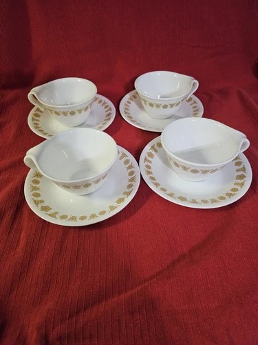 Set of 4 - Vintage Corelle Butterfly Gold Coffee Tea Cups and Saucers VGC