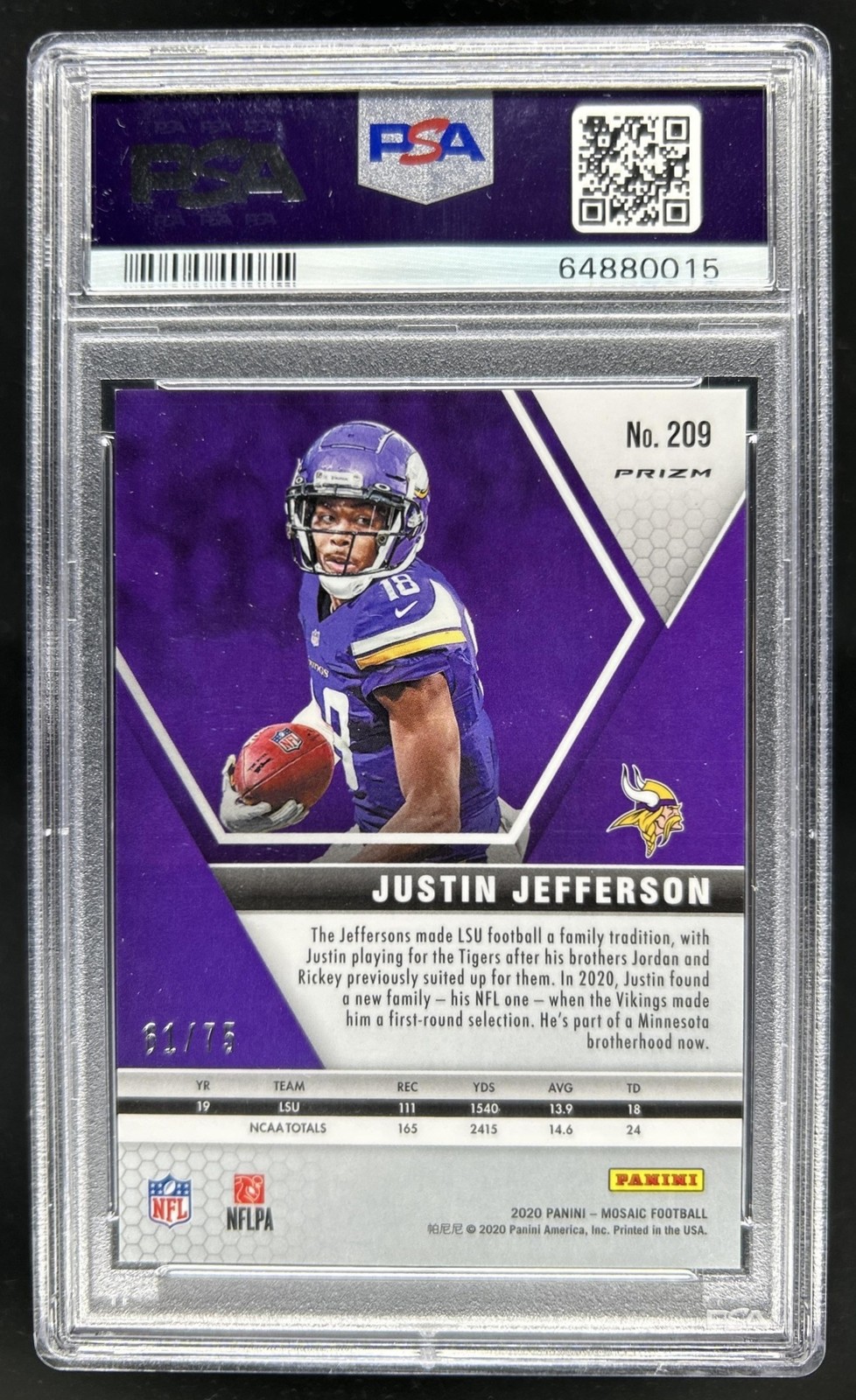 2020 Panini Mosaic Justin Jefferson RC No Huddle Prizm Blue #/75 Vikings PSA 9 view 2