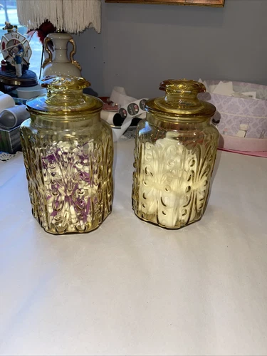 VTG 1970s Federal Glass Atterbury Scroll amber glass canisters, set of 2, Deco
