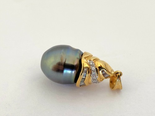 Black Pearl 18 k Yellow Gold & Diamond Drop Pendant - Picture 5 of 10
