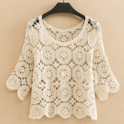 Women Floral Hollow Top Knit Crochet Shirt Pullover Shrug Shawl Half Sleeve Chic