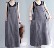 Women Casual Pinafore Dungaree Back Cross Cooking Long Bib Shirt Dress Apron