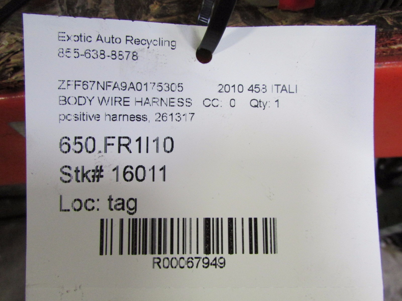 Ferrari 458 Italia, Spider, Positive Battery Cable Wire Harness, Used P/N 261317
