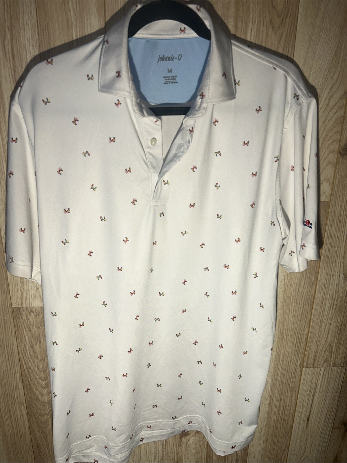 Johnnie-O Polo Shirt Mens M White Rooster All Over Print Golf Performance Polo