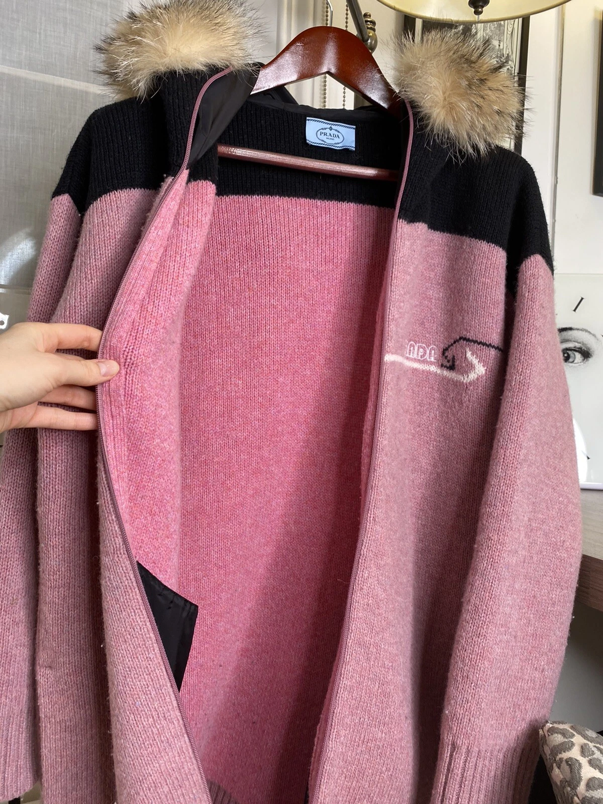 PRADA giacca bomber oversize (38 48) lana con pelliccia sul cappuccio (38 taglia Italia)