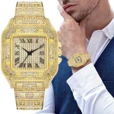 MEN'S ICED LUXURY GOLD PLATED SIMULATED DIAMOND METAL BAND WRIST SQUARE WATCH