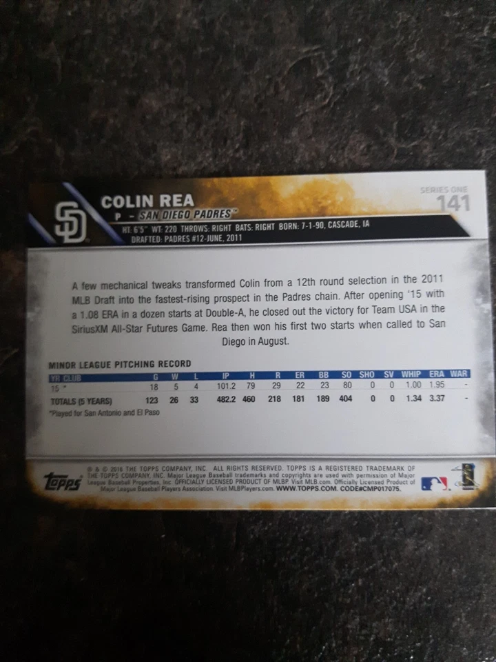 2016 Topps Rookie Colin Rea RC Card# 141 - Image 2 of 2