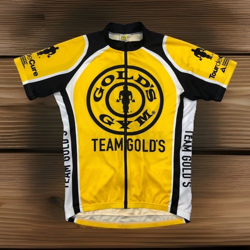 Team Gold’s Gym Men’s M Yellow Black Full Zip Cycling Jersey Tour De Cure Shirt - 第 1/11 張圖片