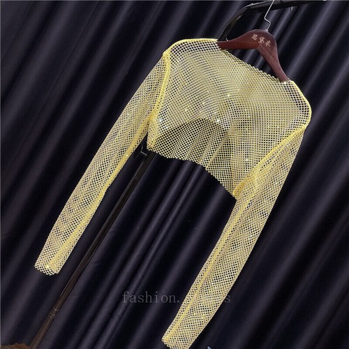 Lady Rhinestone Fishnet Mesh Crop Top Long Sleeve Half Shirt Sheer Cover Up Sexy - Picture 22 of 29