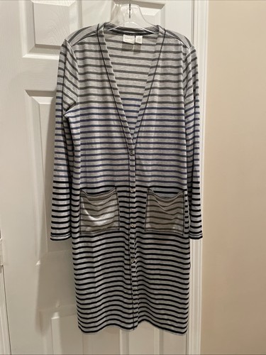 Chicos Zenergy Gorgeous Blue Gray striped Button Front Cardigan Sz 2