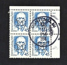 State of Michigan Perfin on Harvey Cushing MD 45 Cent Stamp Block of Four (4)