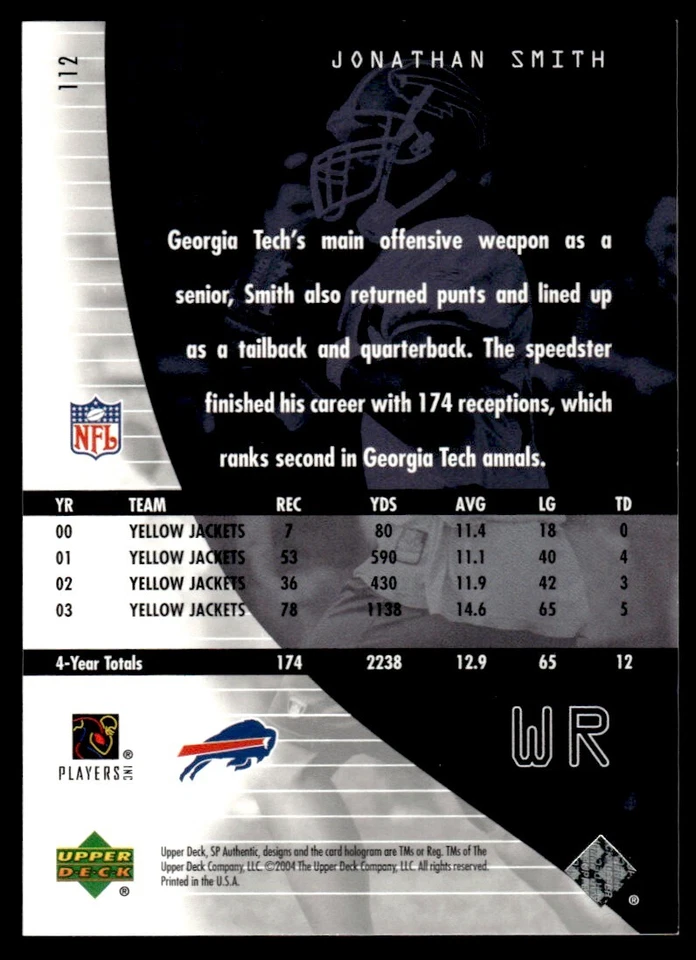 2004 SP Authentic Jonathan Smith Rookie 0640/1199 Buffalo Bills #112 R94 - Image 2 of 2