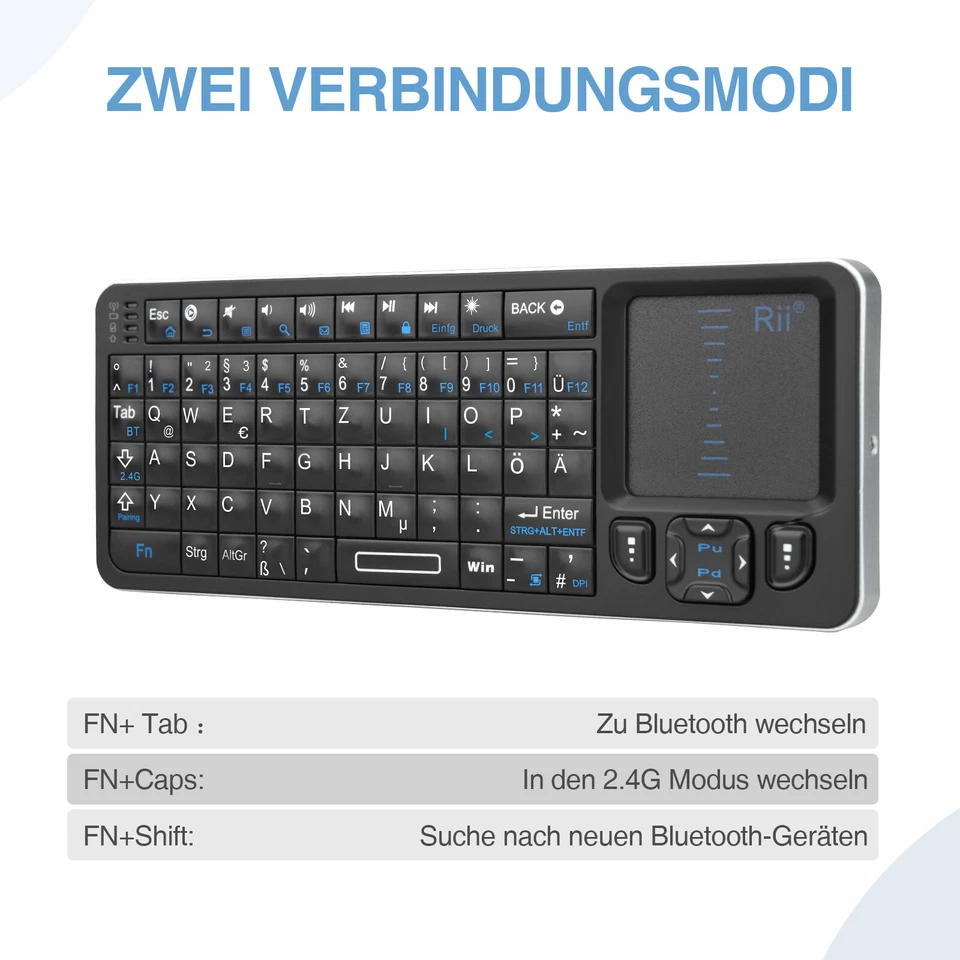 Mini Bluetooth Kabellos Tastatur Touchpad Wireless Keyboard Fernbedienung, Rii - Image 3 of 4