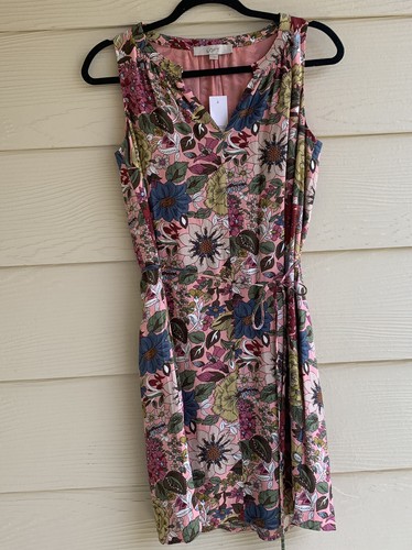 NWT LOFT Pink Floral Print Boho Sleeveless Swing Sun Shift Dress Sz S Lined Belt - Picture 2 of 9
