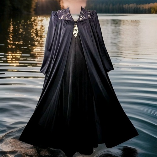Vintage Olga BLK Dressing Gown Peignoir Robe Lady Cameo Nightgown Blended Set L