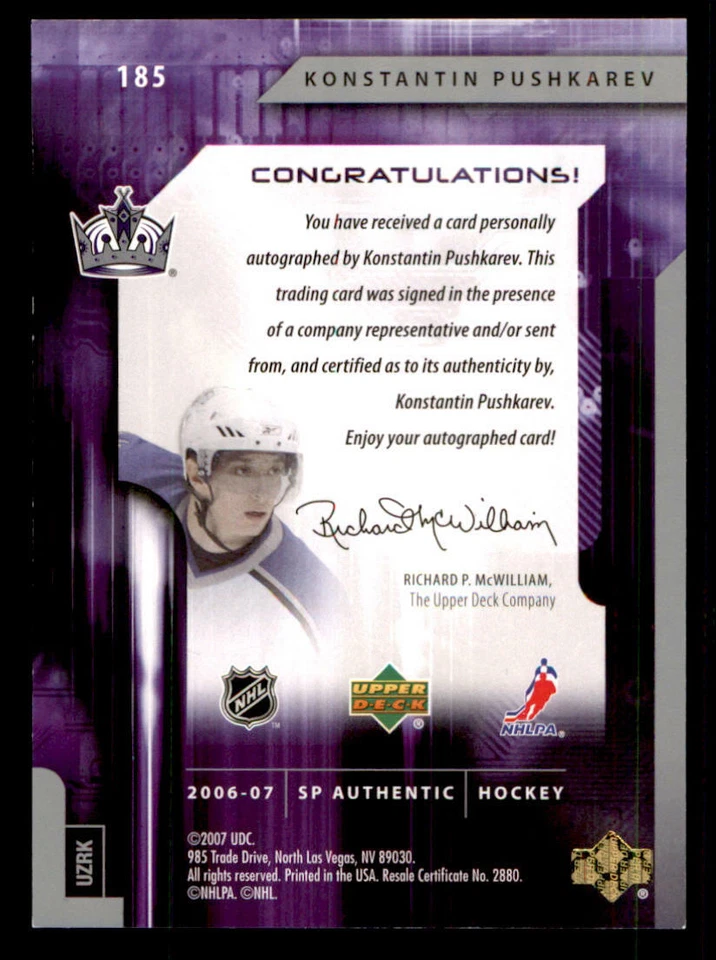 2006-07 SP Authentic #185 Konstantin Pushkarev AU RC /999 (ref 240141) - Image 2 of 2
