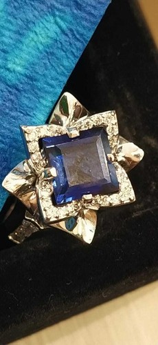Pave 3,87 Cts Tondo Brillante Taglio Diamante Zaffiro Cocktail Anello In 14K Oro - Foto 9 di 12