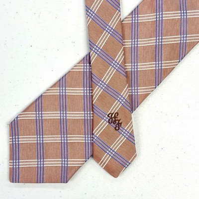 Hickey Freeman USA Men's Salmon Pink Plaid Jacquard 100% Silk Tie $195