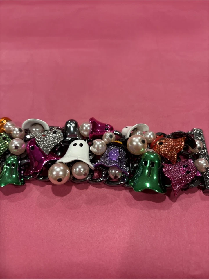 Pulsera Betsey Johnson Fantasmas de Halloween Gruesa Imitación Perlas Cristales Gunmetal Foto 4 de 4