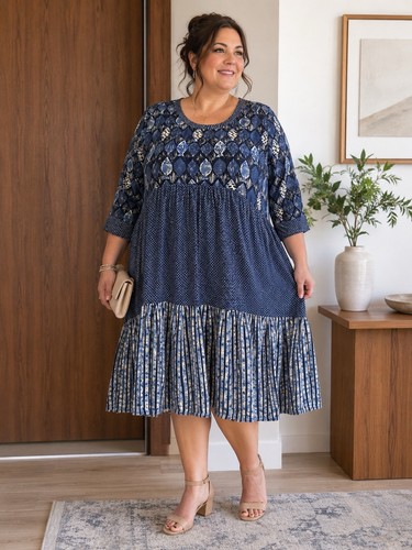 Biba, Vintage BIBA India Blue Boho Midi Dress Size 40/L 100% Viscose Tiered Printed