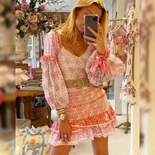 LoveShackFancy Ensley Dress S 6 Women Smocked Printed Balloon Sleeve NEW 46166