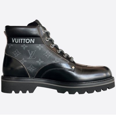 LOUIS VUITTON ブラックブーツ Louis Vuitton Black Monogram Lace-Up Ankle Boots Leather Men's