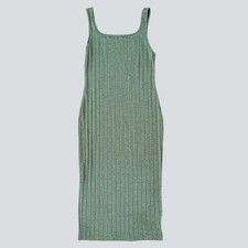 Green Ribbed Bodycon Knee Length Dress Spaghetti Strap Stretch Size M