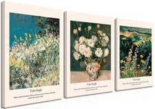 Van Gogh Canvas Wall Art Set of 3, Sage Green Flower Framed Wall Decor Painti...