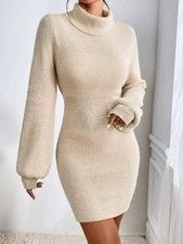 Cream Beige Turtleneck Ribbed Knit Short Sweater Dress
