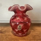Fenton Cranberry Opalescent Ruffled Heart Vase
