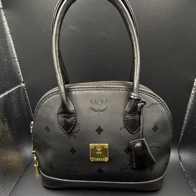 MCM Black Monogram Satchel Top Handle Bag Gold Hardware Padlock Key Women