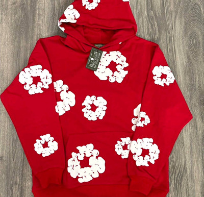 DENIM TEARS Men's Red/White Graphic Print Pullover Hoodie Kangaroo Pocket M